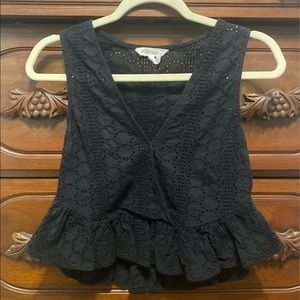 Black crop peplum eyelet top